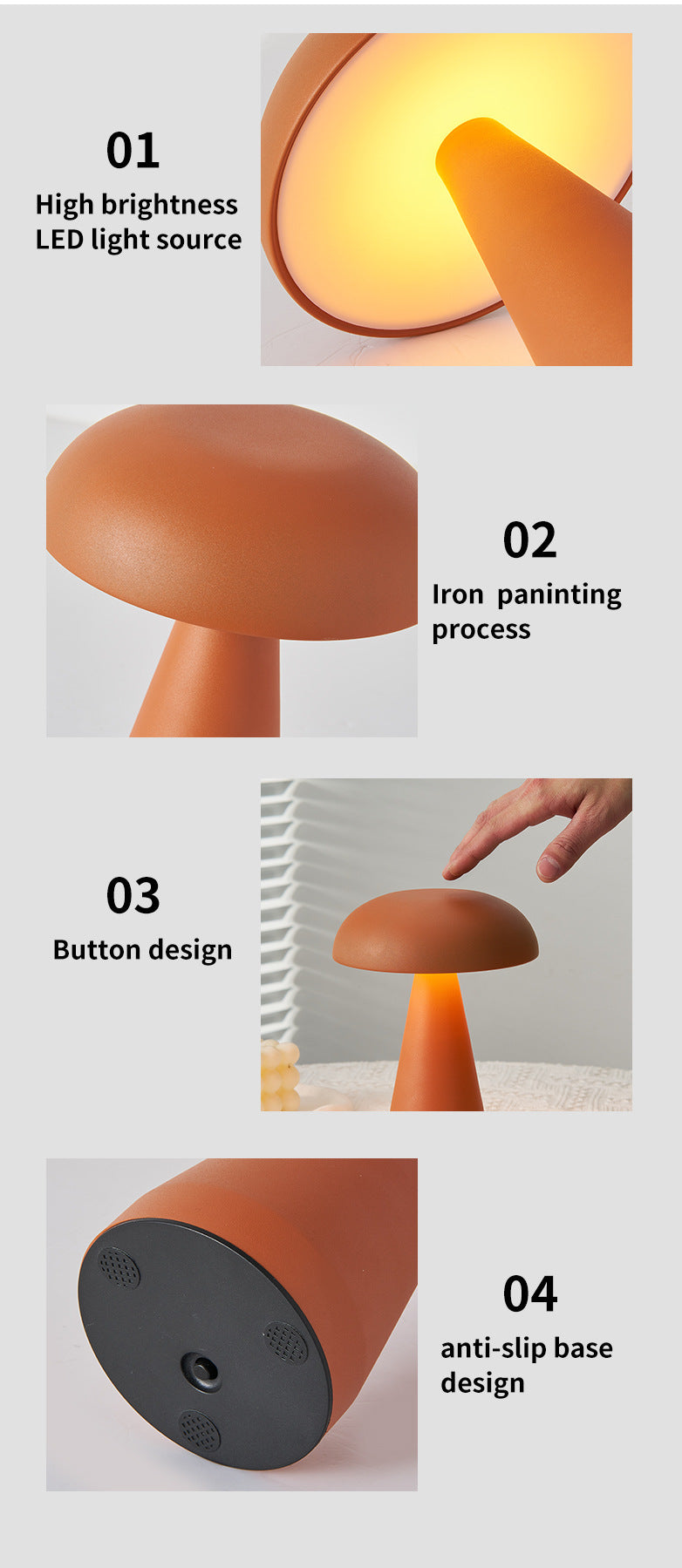 Orange Metal Mushroom Table Lamp - Rechargeable Touch Control Ambient Light with Remote