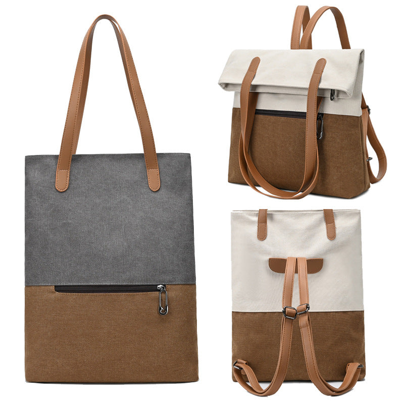 Beige And Brown Canvas Tote Bag for Women - Multi-Use Shoulder Handbag & Backpack, Large Capacity, 30x10x40cm
