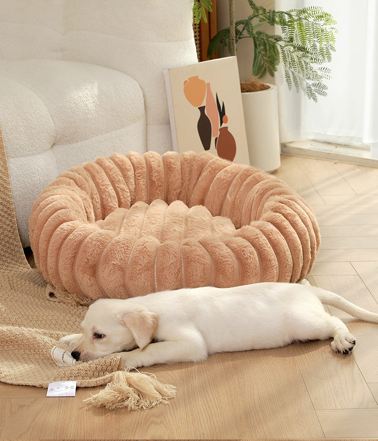 Khaki Plush Pet Bed - 40cm Round Dog & Cat Mat, Cozy PP Cotton Filled, Comfortable Pet Supplies