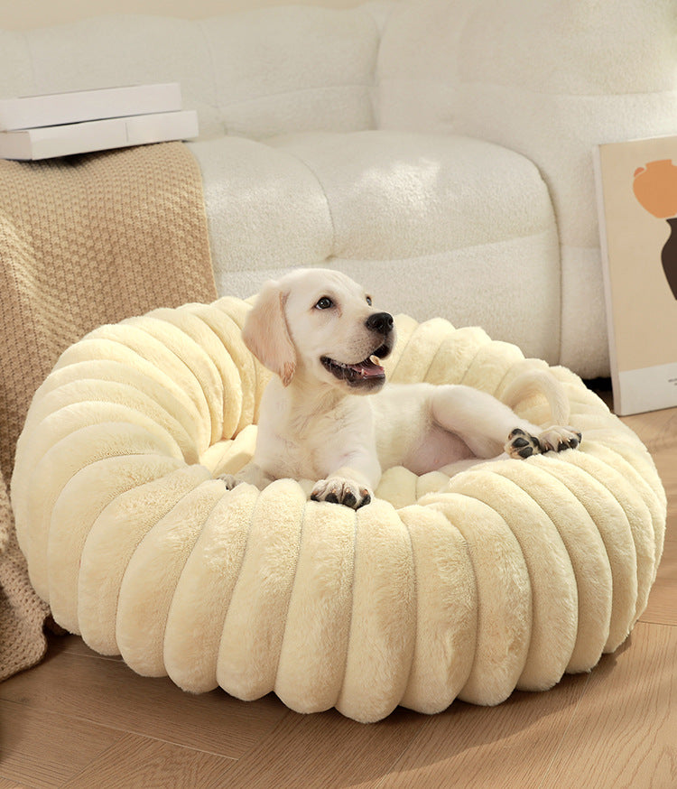 Beige Plush Pet Bed - 40cm Round Dog & Cat Mat, Cozy PP Cotton Filled, Comfortable Pet Supplies