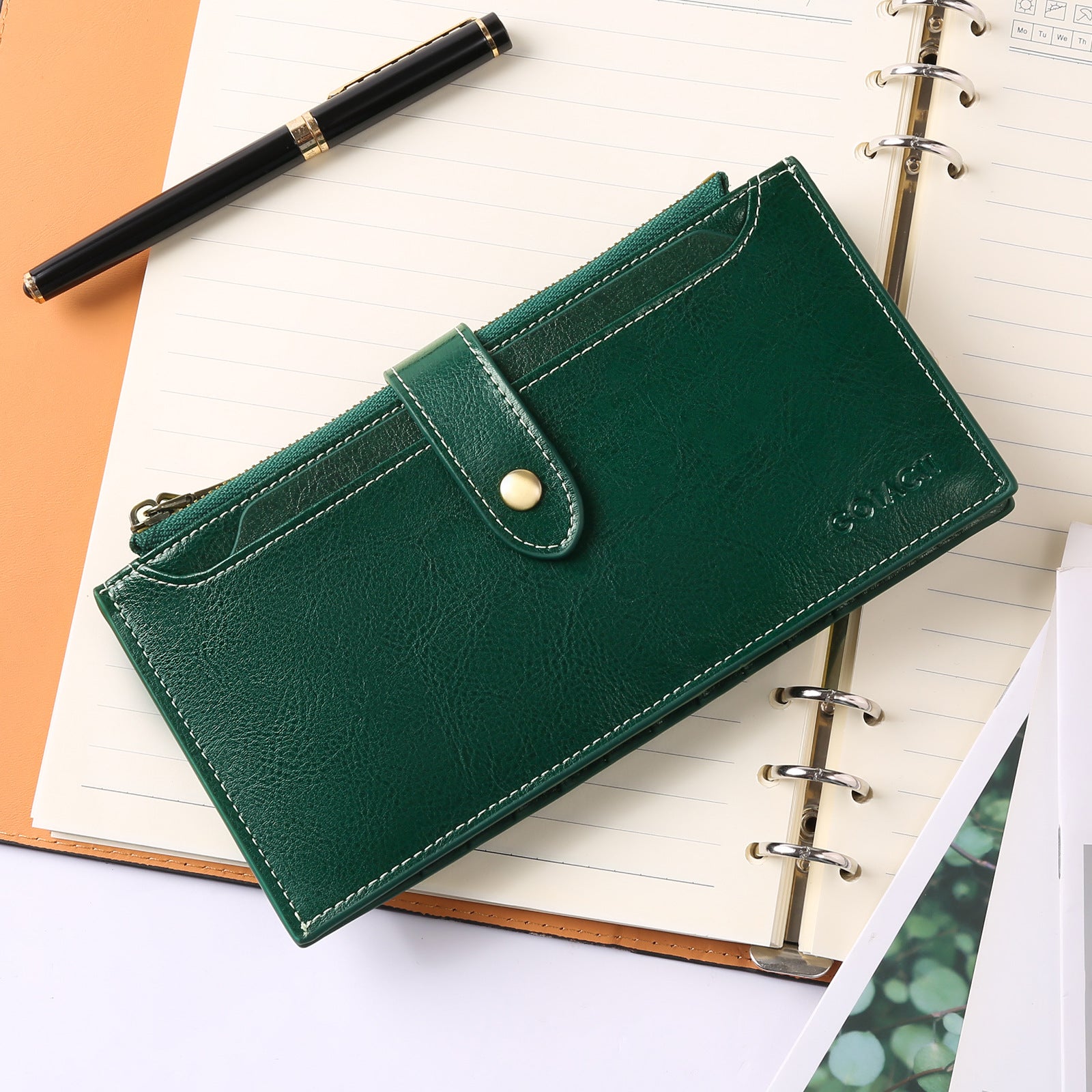 Dark Green Large Capacity Women's Leather Wallet - RFID Blocking Card Holder