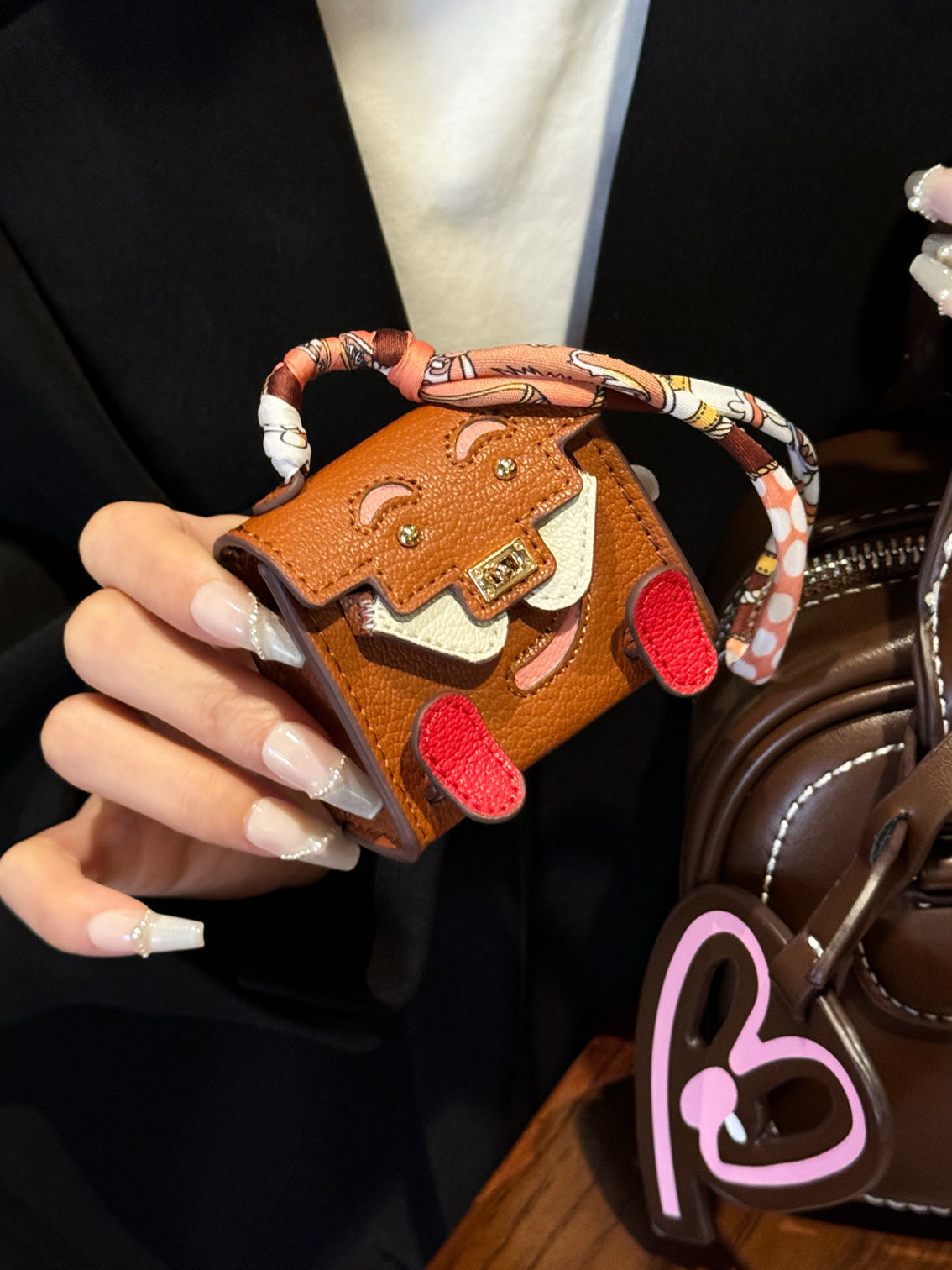 Brown Mini Bag Earphone Case - Stylish Keychain Pouch for Headphones