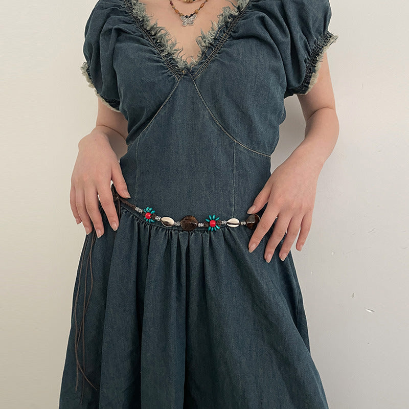 2 PCS Shell Red Beads Ethnic Style Waist Chain - Beaded Bohemian Belt for Women