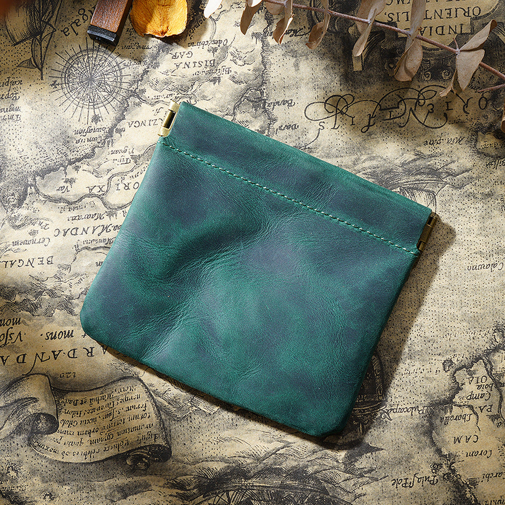 Dark Green Genuine Leather Coin Purse - Vintage Style Snap Closure Mini Pouch
