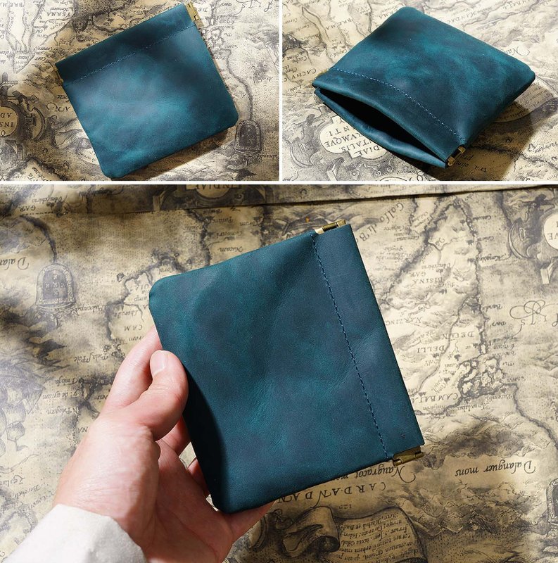 Blue Genuine Leather Coin Purse - Vintage Style Snap Closure Mini Pouch