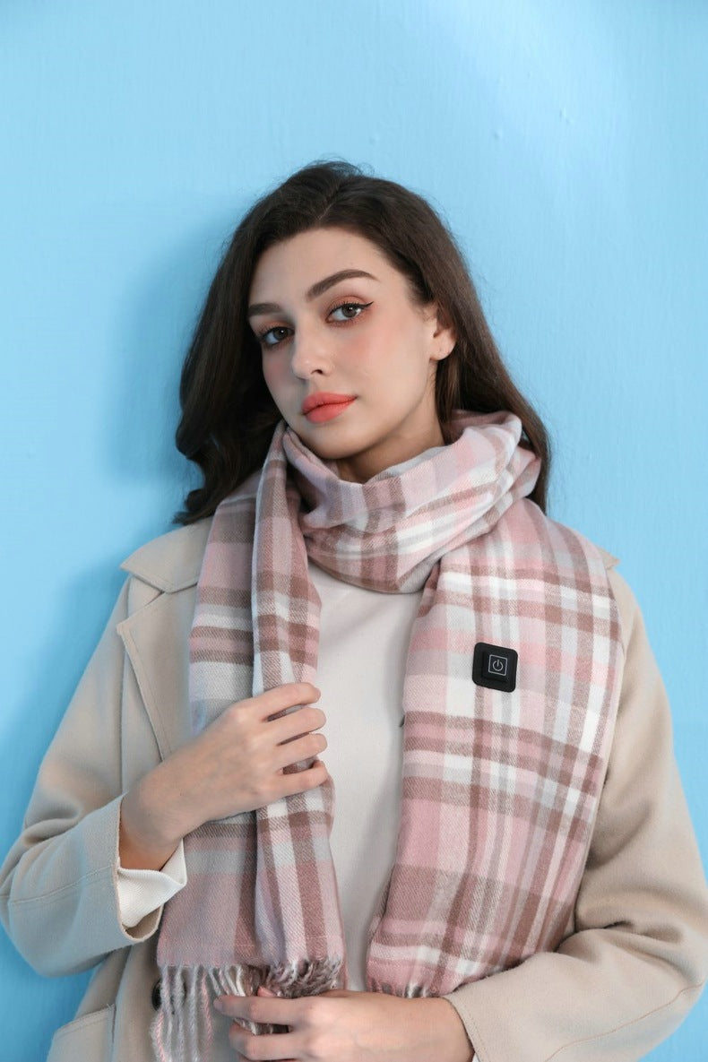 Light Pink Plaid Heated Scarf - Electric Warming Scarf, Winter Outdoor Essential (Without power bank)