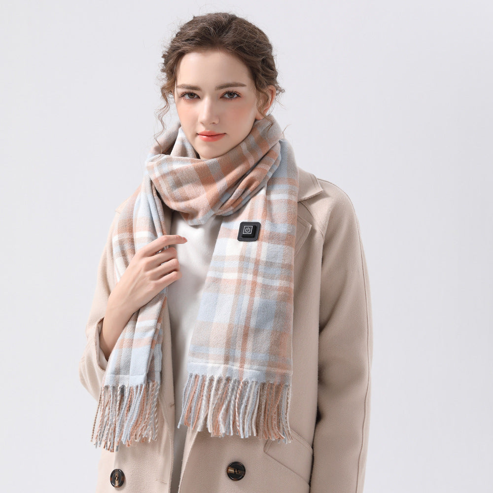 Light Blue Plaid Heated Scarf - Electric Warming Scarf, Winter Outdoor Essential (Without power bank)