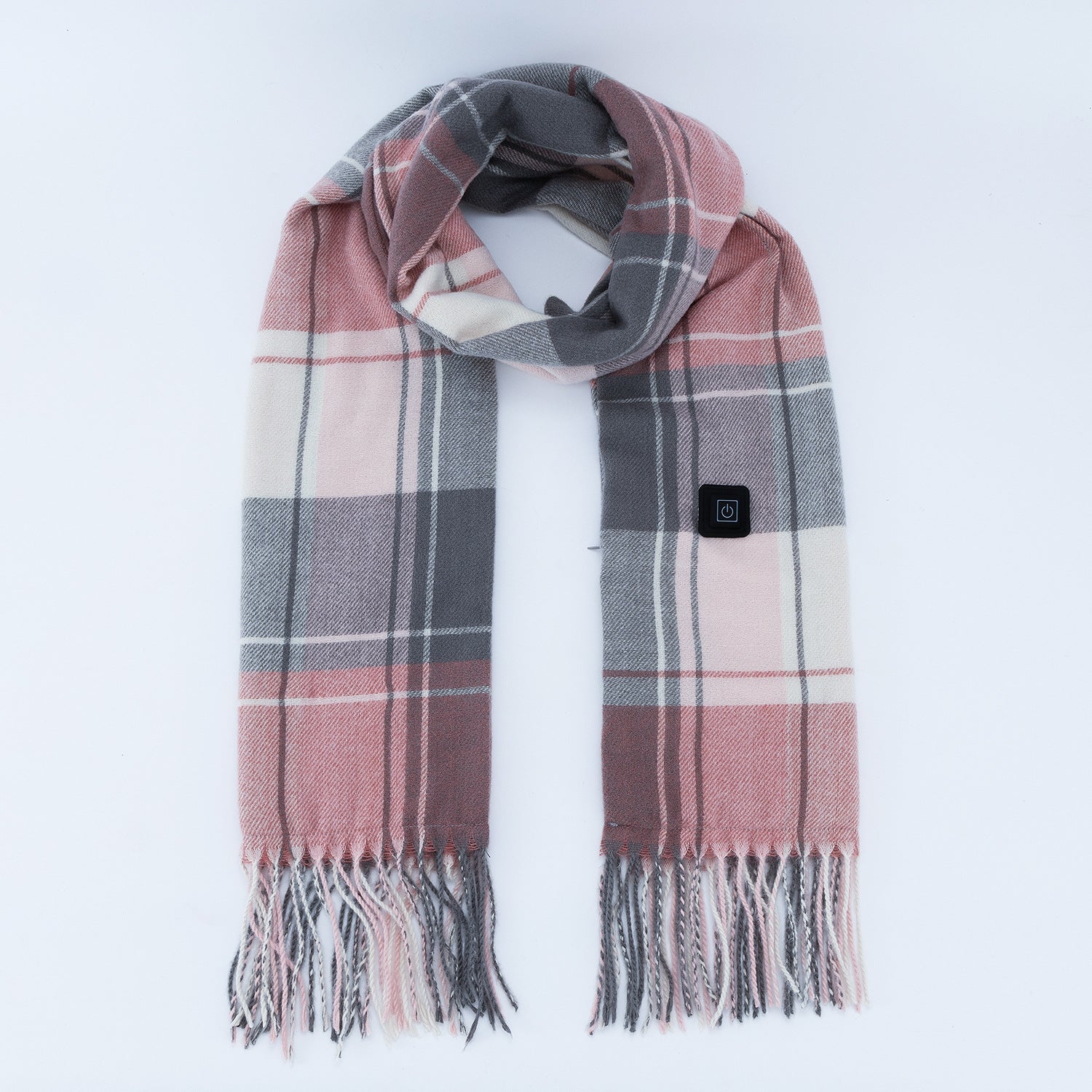 Gray And Pink Plaid Heated Scarf - Electric Warming Scarf, Winter Outdoor Essential (Without power bank)