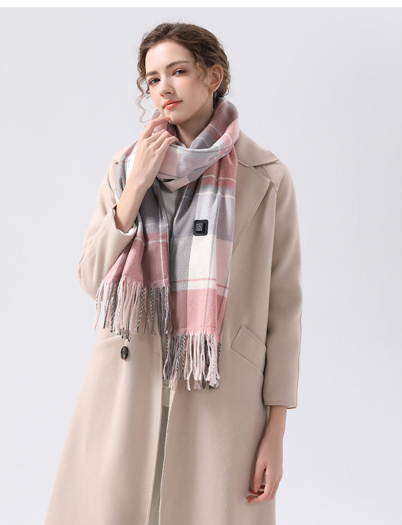 Gray And Pink Plaid Heated Scarf - Electric Warming Scarf, Winter Outdoor Essential (Without power bank)