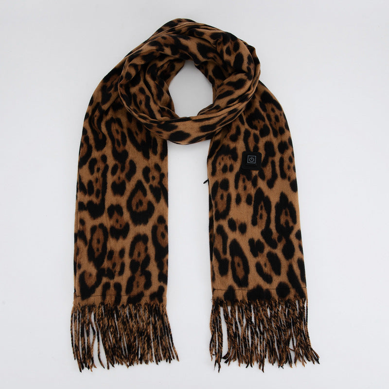 Leopard Print With Brown Background Heated Scarf - Electric Warming Scarf, Winter Outdoor Essential (Without power bank)