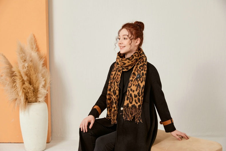 Leopard Print With Brown Background Heated Scarf - Electric Warming Scarf, Winter Outdoor Essential (Without power bank)