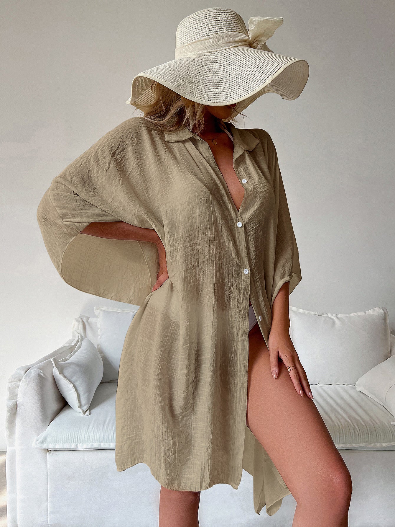 Khaki Summer Beach Cover-Up- Bamboo Cotton Sun Protection Cardigan