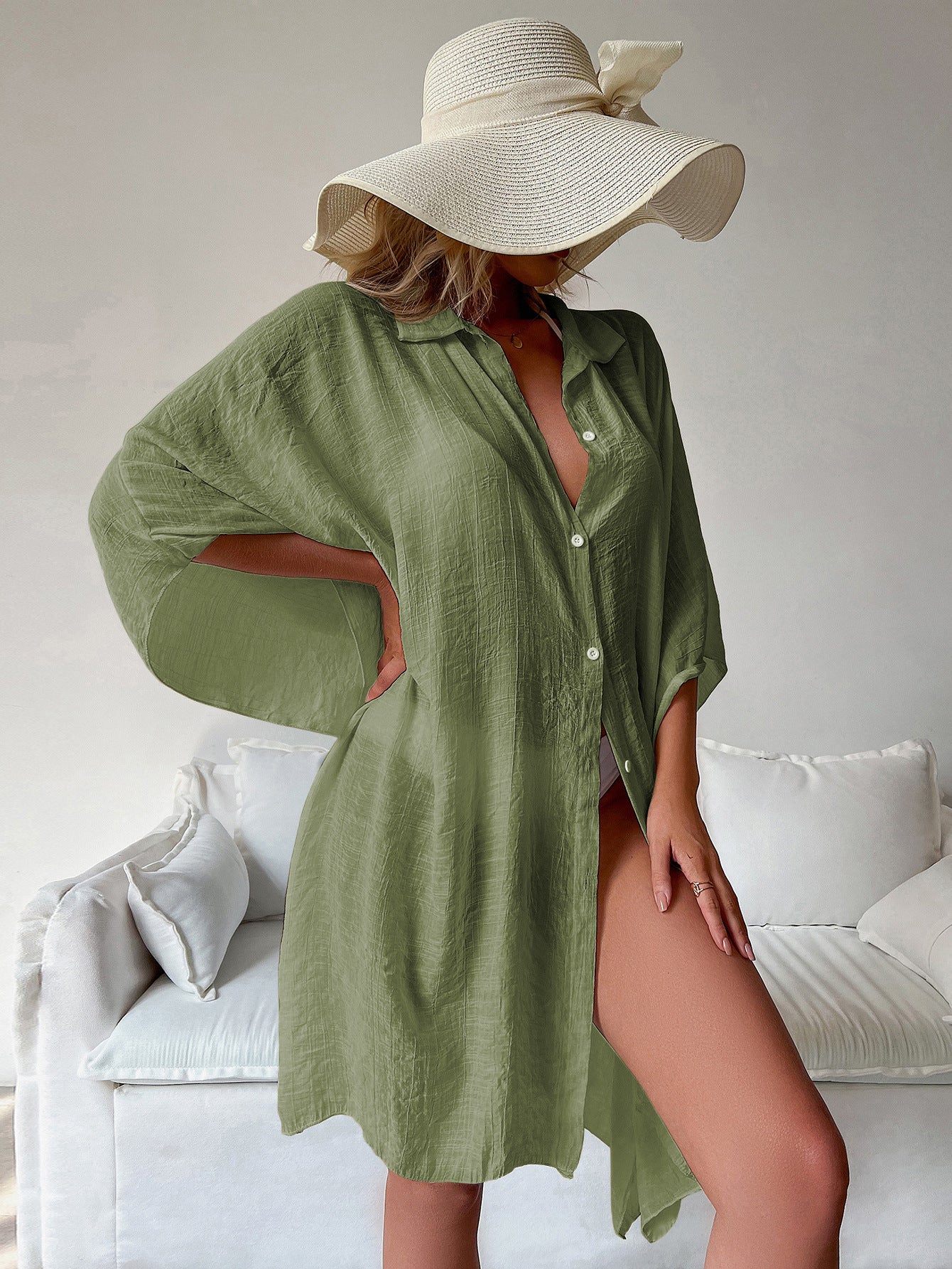 Military Green Summer Beach Cover-Up- Bamboo Cotton Sun Protection Cardigan