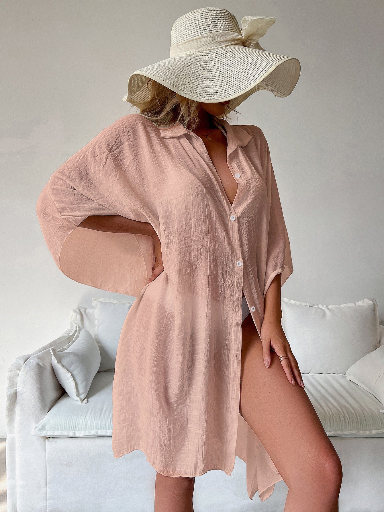 Light Pink Summer Beach Cover-Up- Bamboo Cotton Sun Protection Cardigan