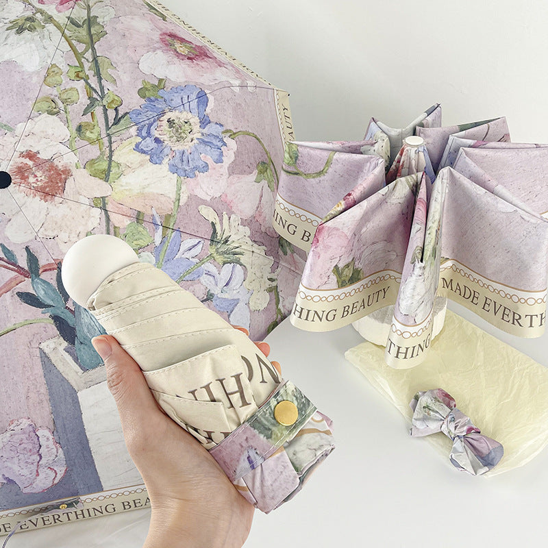 Rose Mini 5-Fold Umbrella - Portable, Anti-UV, Black Glue Coating