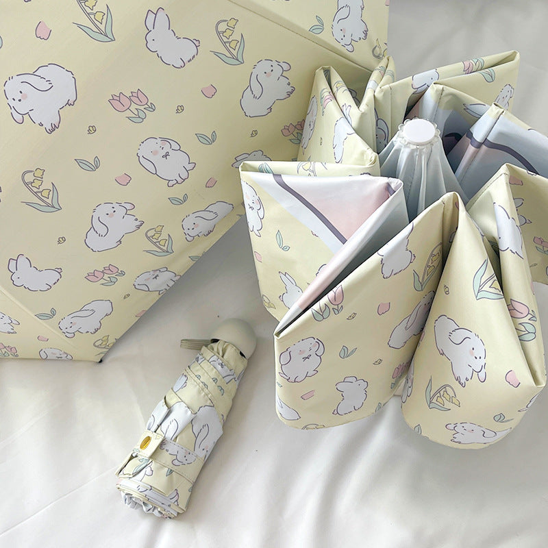 White Rabbit Mini 5-Fold Umbrella - Portable, Anti-UV, Black Glue Coating