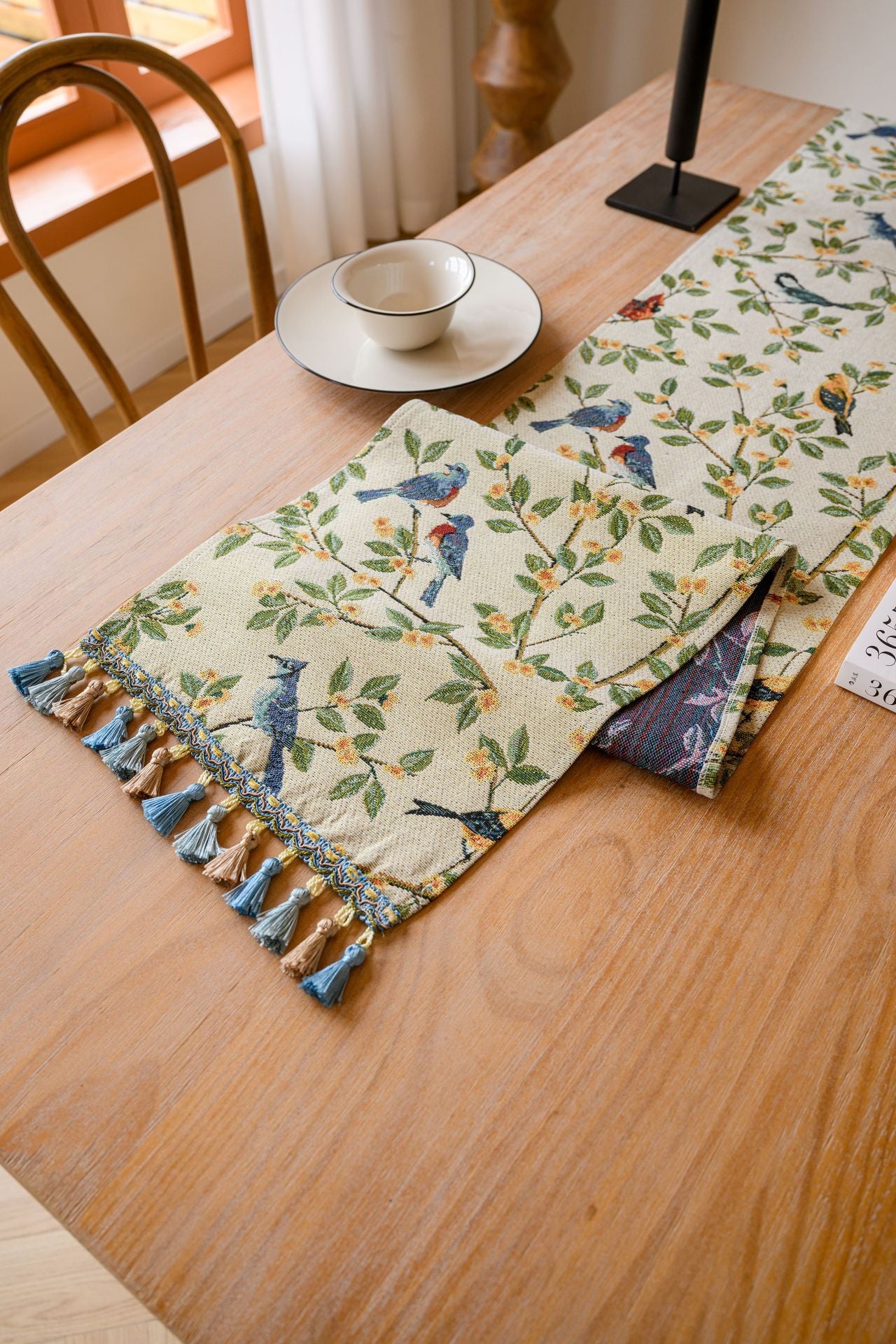 Birds & Branch Table Runner - Jacquard Woven Beige with Tassels(33X180CM)