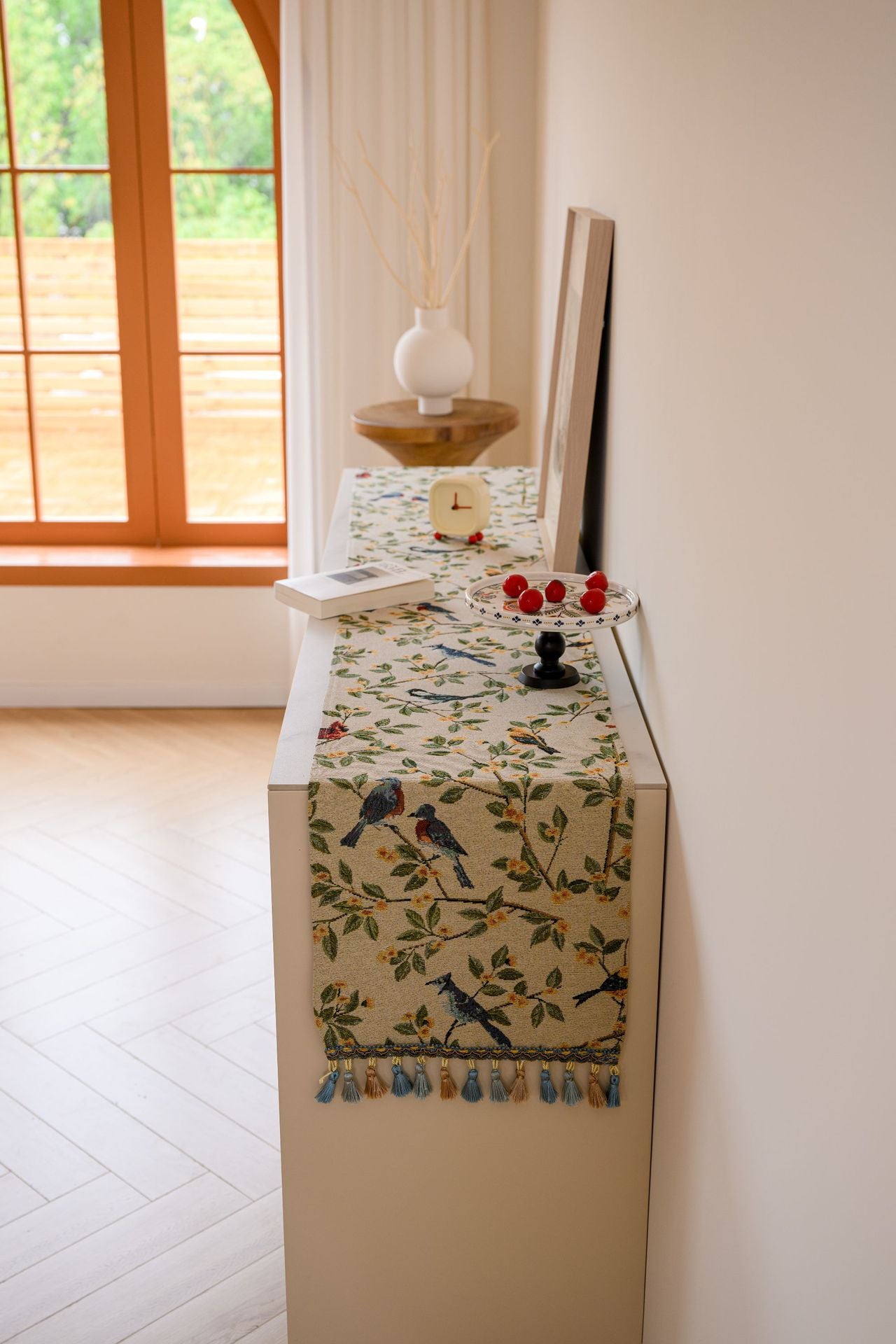 Birds & Branch Table Runner - Jacquard Woven Beige with Tassels(33X240CM)