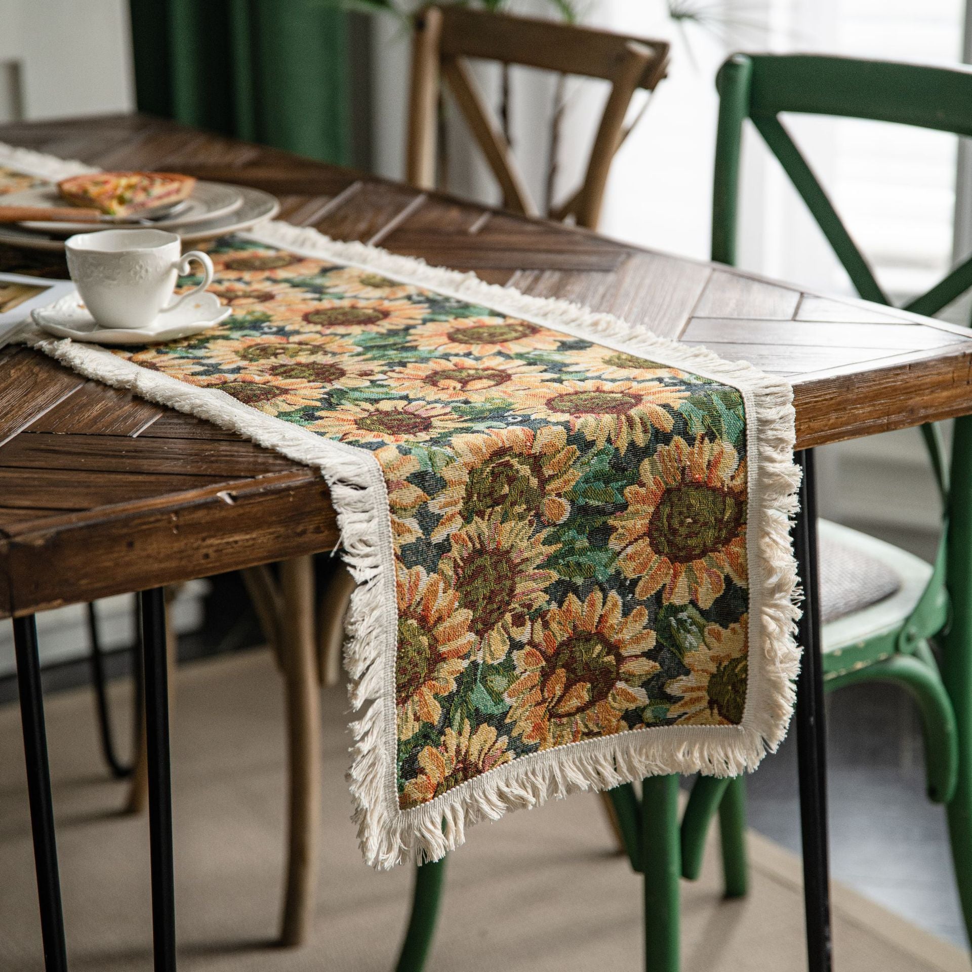 Sunflower Table Runner with Fringe - Jacquard Woven Cotton Blend (30x200cm)