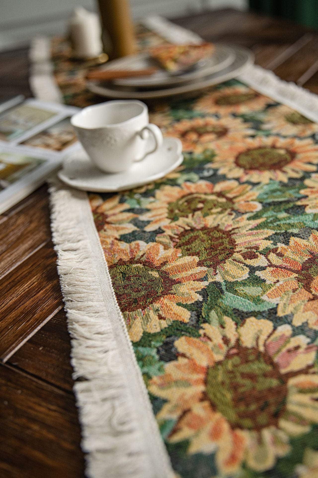 Sunflower Table Runner with Fringe - Jacquard Woven Cotton Blend (30x300cm)