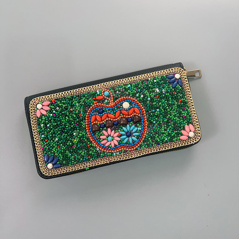 Green Apple Ethnic Style Beaded Clutch - Handmade Retro Wallet Style 3