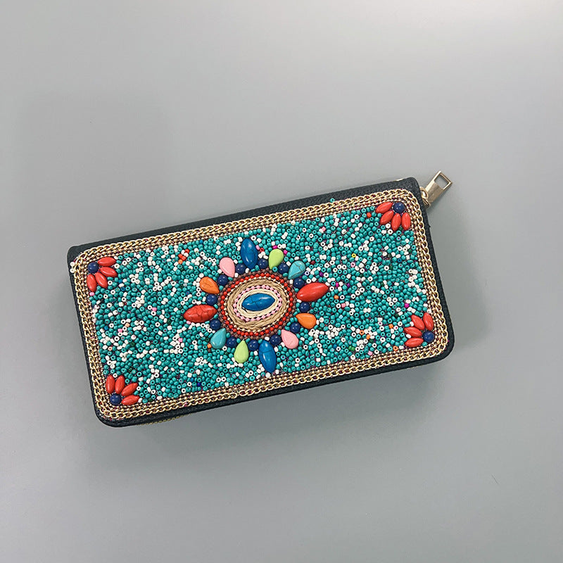 Blue Flowers Ethnic Style Beaded Clutch - Handmade Retro Wallet Style 6