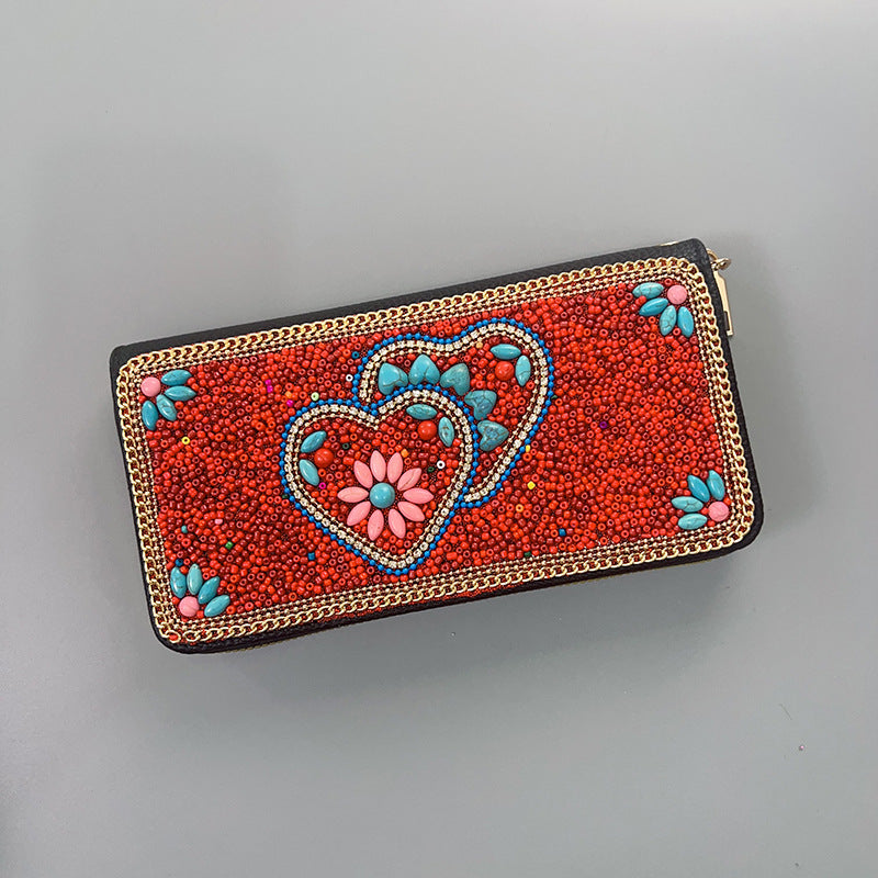 Red Love Heart Ethnic Style Beaded Clutch - Handmade Retro Wallet Style 7