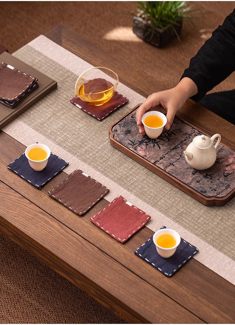 Rose Red Chinese Style Linen Coasters - Set of 4, Hand-Embroidered Tea Mats (9x9cm)