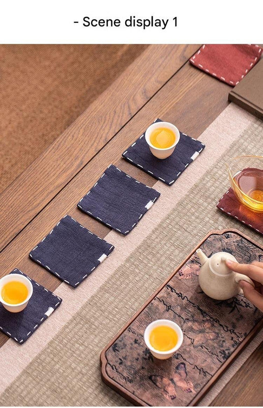 Navy Blue Chinese Style Linen Coasters - Set of 4, Hand-Embroidered Tea Mats (9x9cm)
