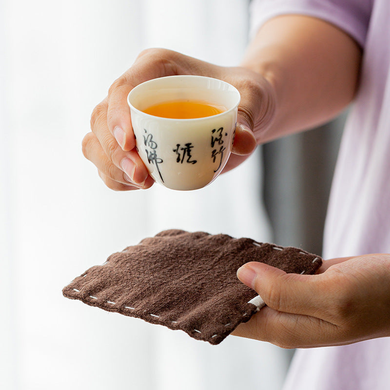 Brown Chinese Style Linen Coasters - Set of 4, Hand-Embroidered Tea Mats (9x9cm)