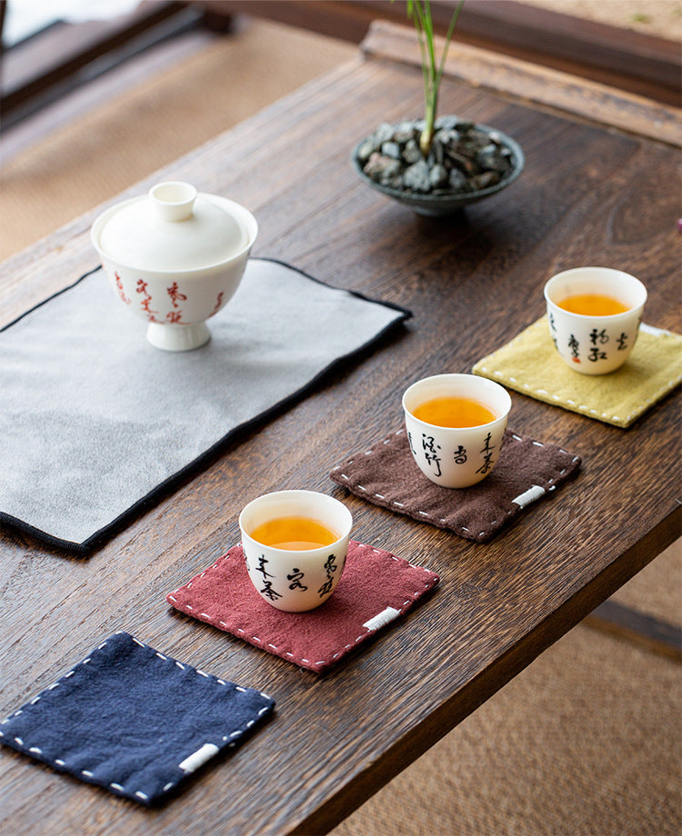 Chinese Style Linen Coasters - Set of 5, Hand-Embroidered Tea Mats (9x9cm)