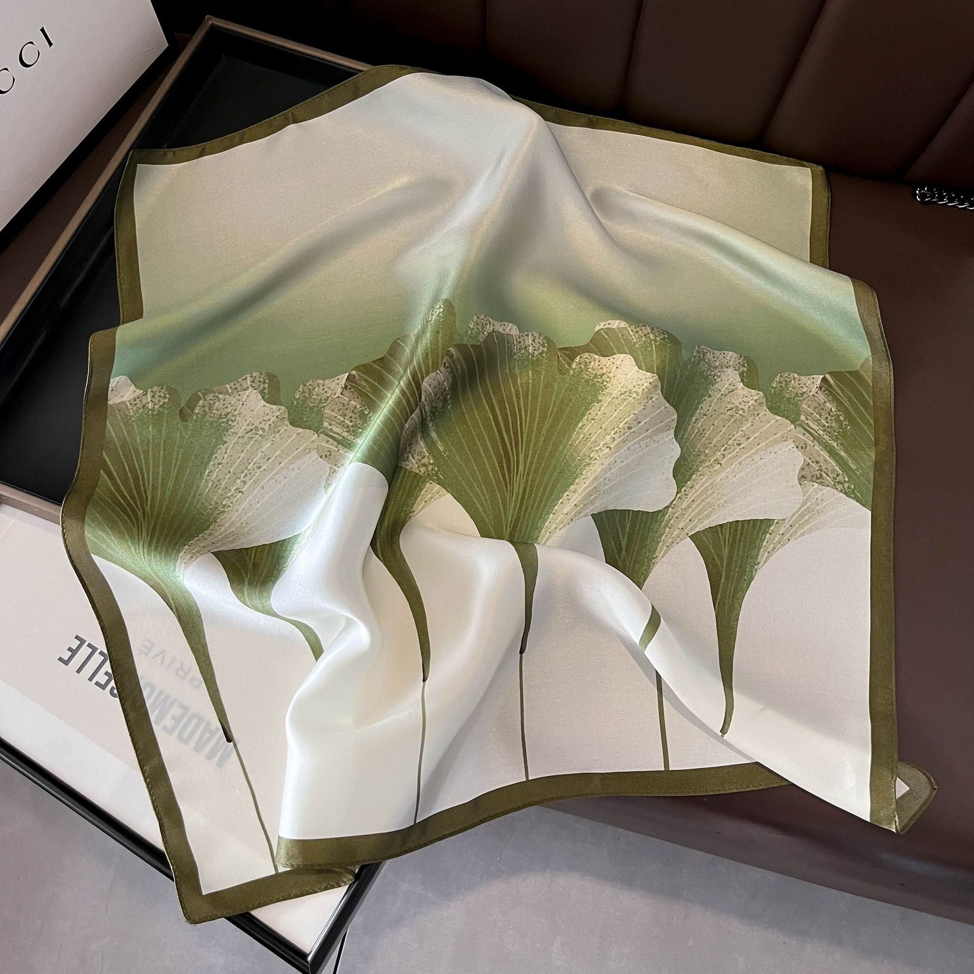 Green Pure Silk Scarf - Elegant Flower Design, Square Handkerchief (Style 1)