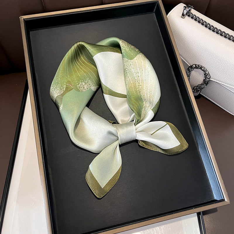 Green Pure Silk Scarf - Elegant Flower Design, Square Handkerchief (Style 1)