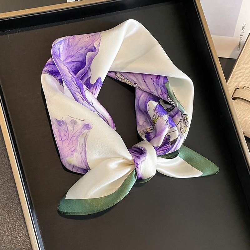 Purple Pure Silk Scarf - Elegant Flower Design, Square Handkerchief (Style 9)