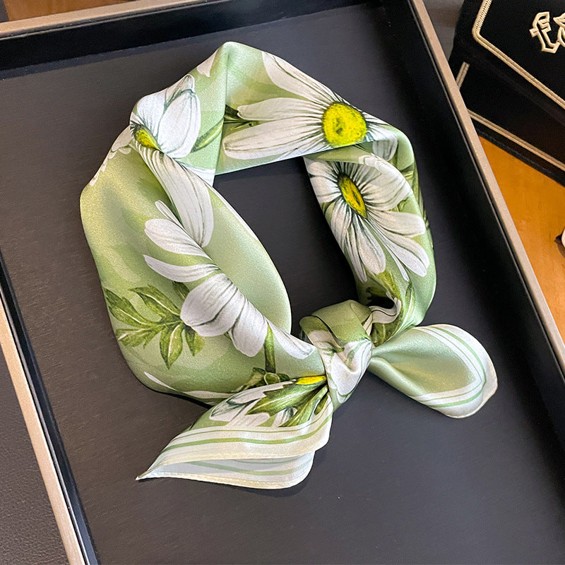 Green Pure Silk Scarf - Elegant Flower Design, Square Handkerchief (Style 11)