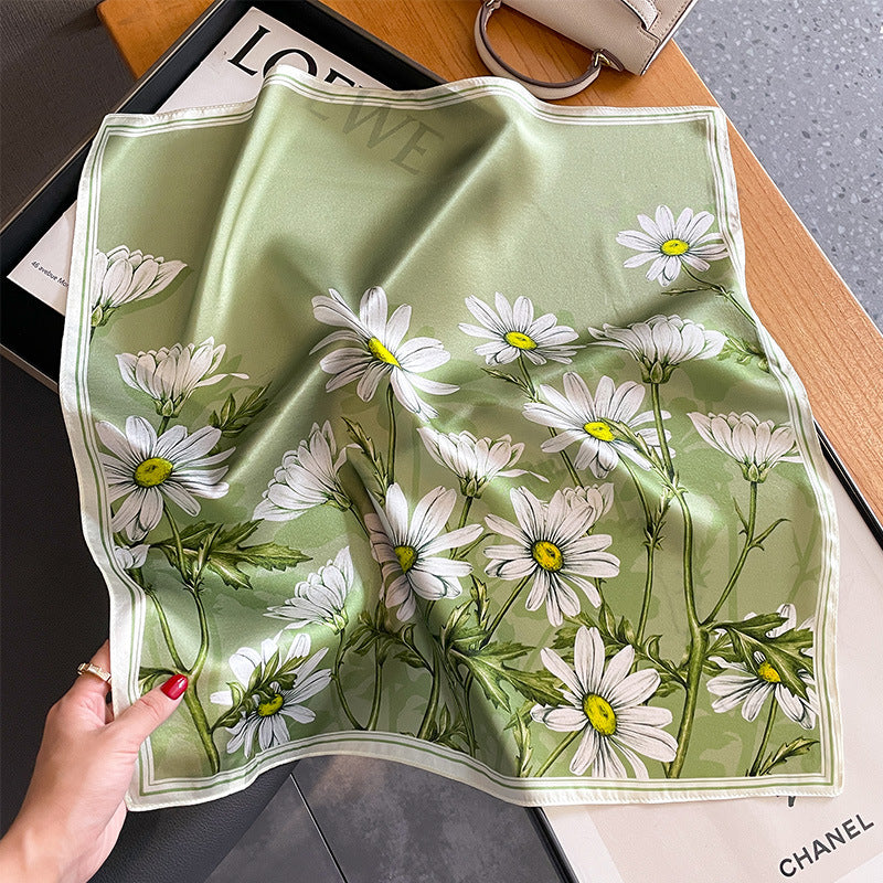 Green Pure Silk Scarf - Elegant Flower Design, Square Handkerchief (Style 11)