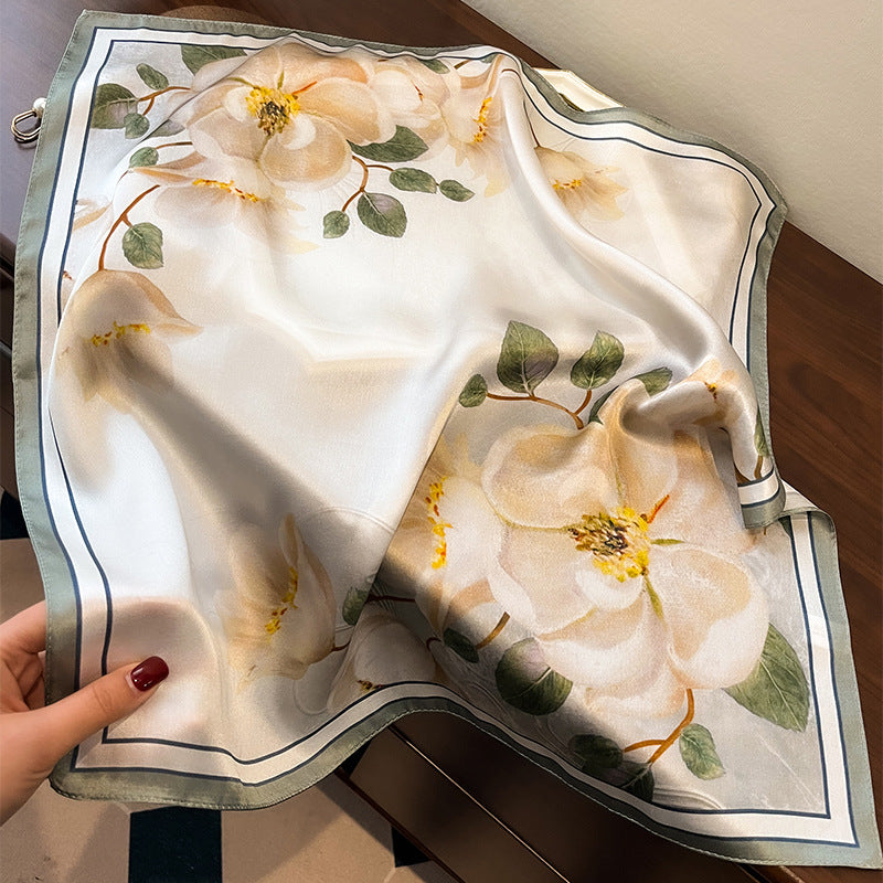 Beige Pure Silk Scarf - Elegant Flower Design, Square Handkerchief (Style 12)