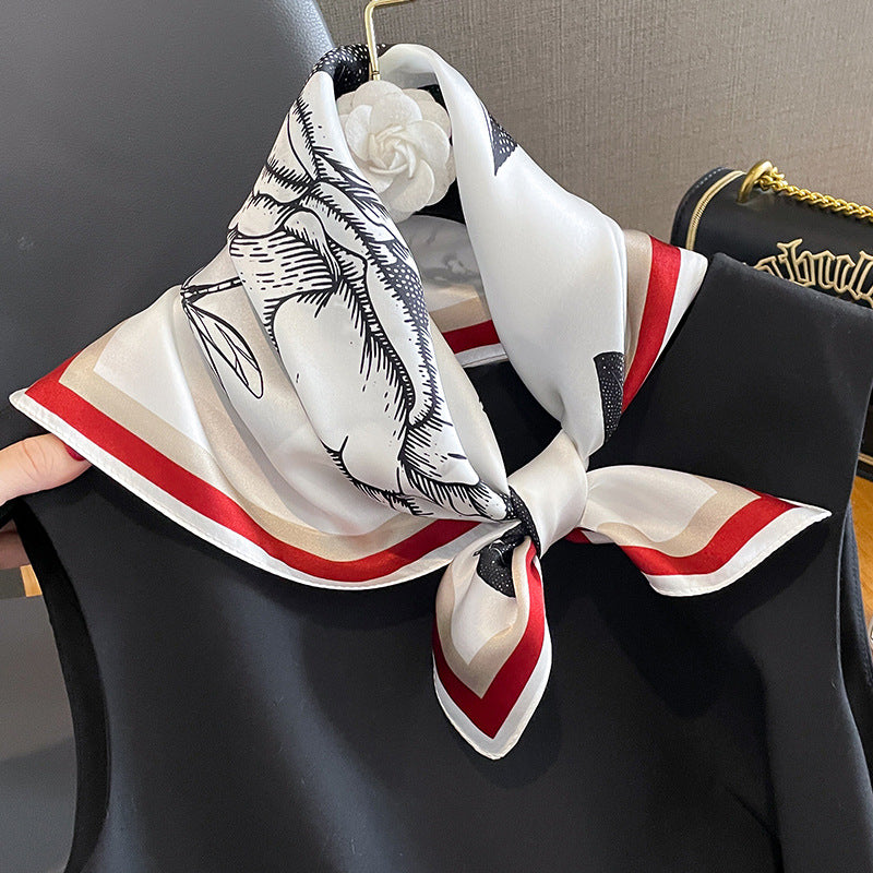 Red Edge Pure Silk Scarf - Elegant Flower Design, Square Handkerchief (Style 13)