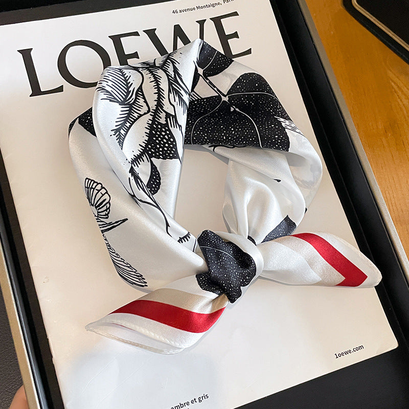 Red Edge Pure Silk Scarf - Elegant Flower Design, Square Handkerchief (Style 13)