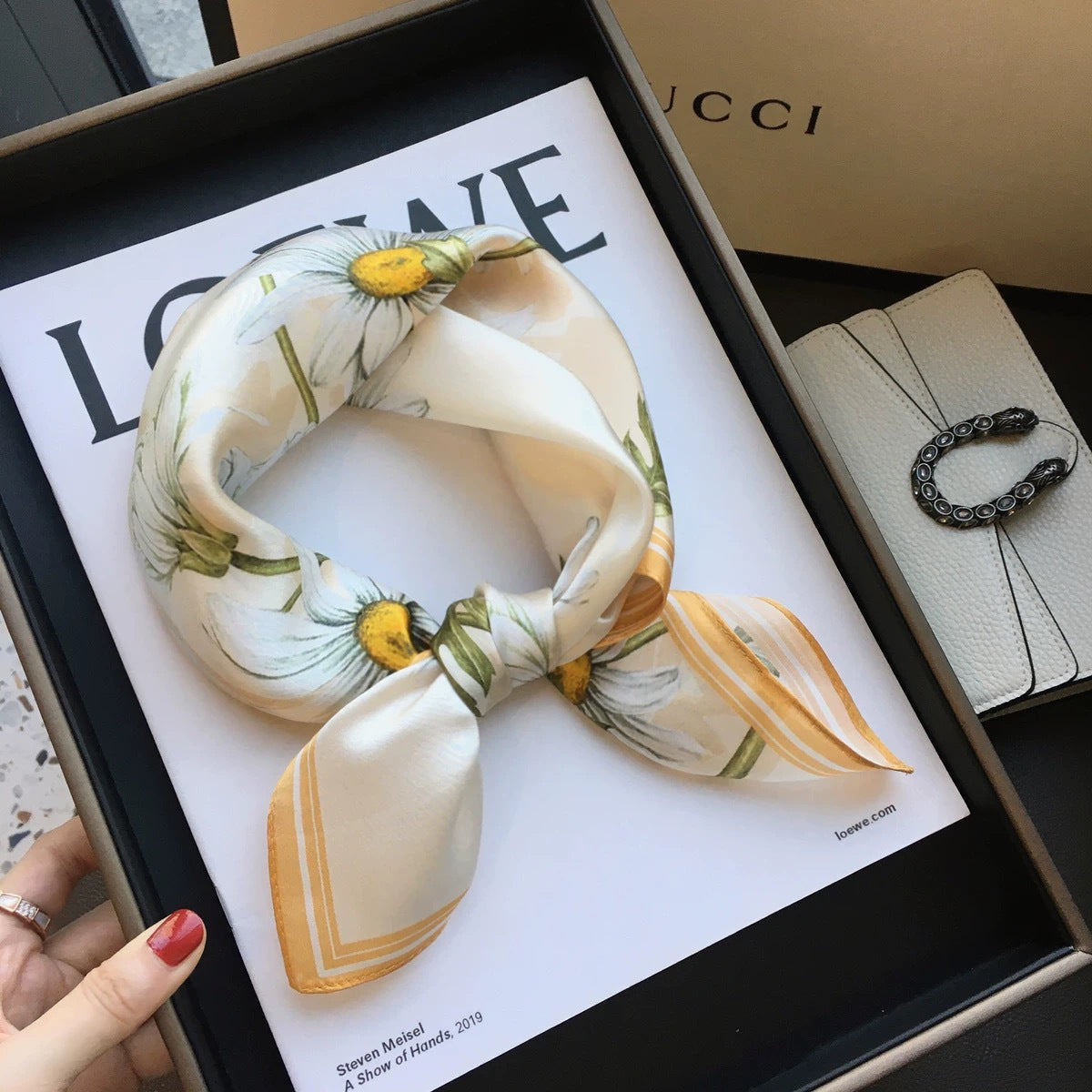 Orange Pure Silk Scarf - Elegant Flower Design, Square Handkerchief (Style 15)