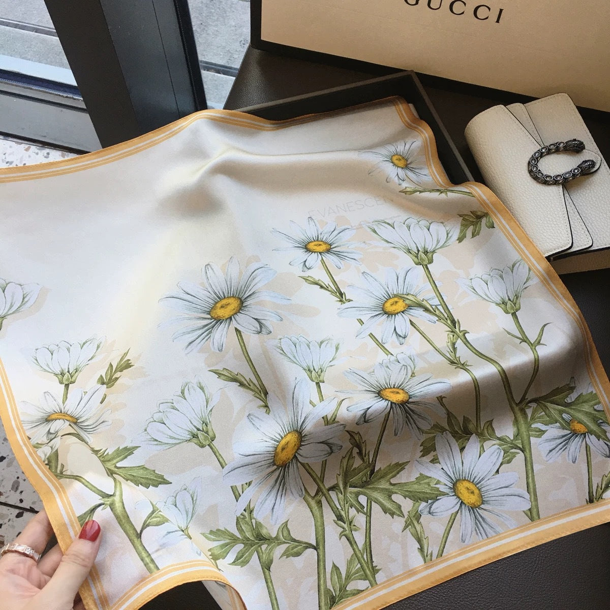 Orange Pure Silk Scarf - Elegant Flower Design, Square Handkerchief (Style 15)