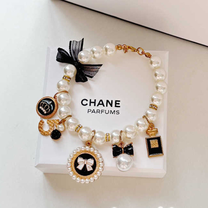 Black 4-PCS Pearl Charm Pet Necklace - Adjustable Bowknot Collar for Small Dogs & Cats (L: 30+5CM)