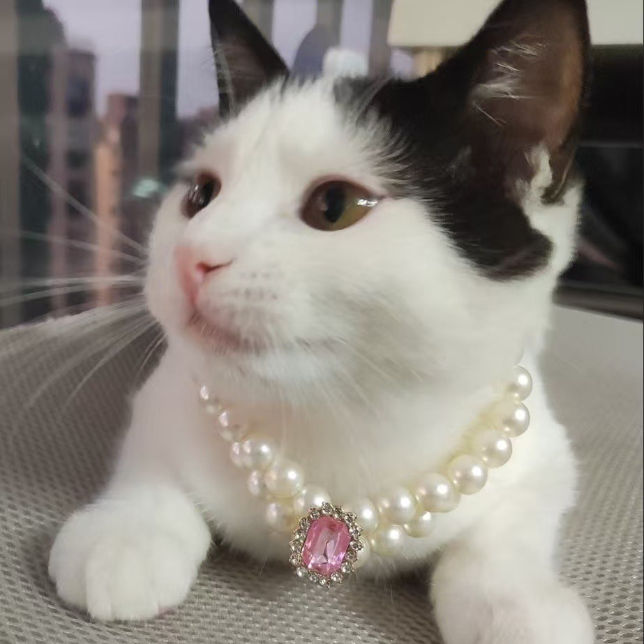 3-pcs Pink Diamond Double Strand Pearl & Rhinestone Pet Necklace - Luxury Collar for Cats & Dogs Size L (30-36cm)