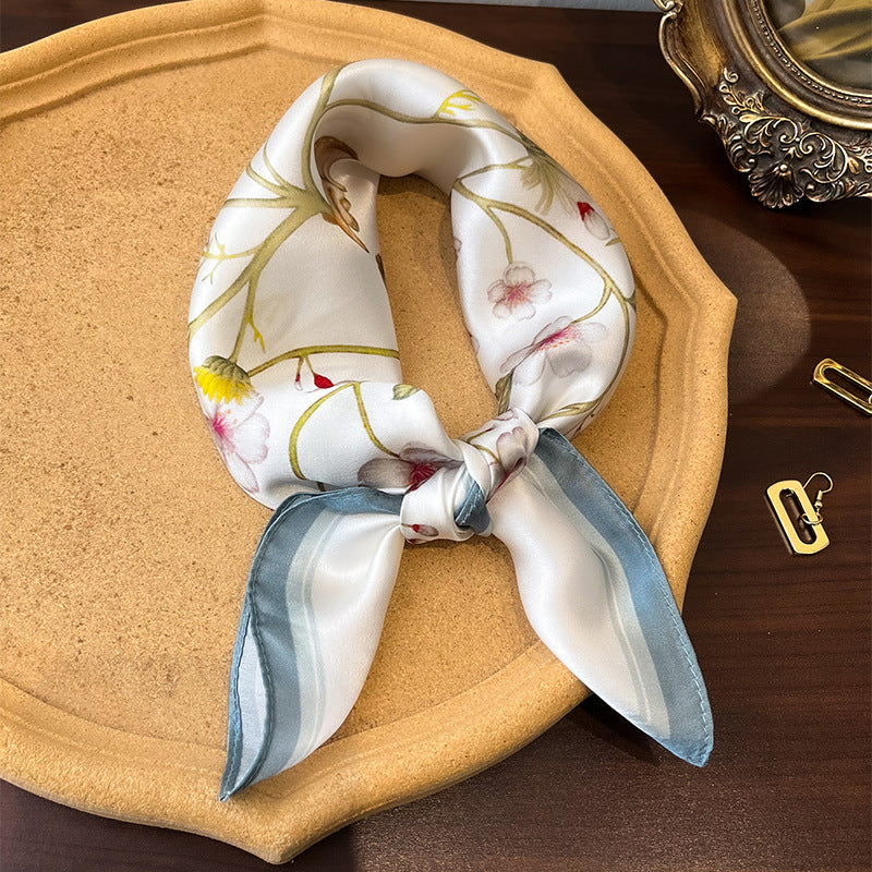 Blue Edge Flowers Women's Floral Print Mulberry Silk Shawl, 53cm (Style 1)