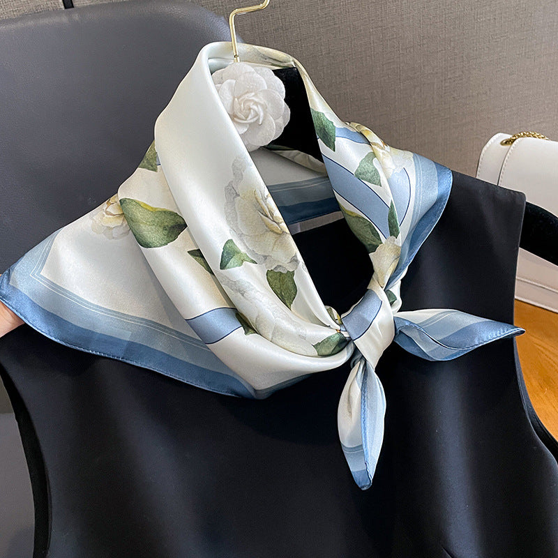 Blue Flowers Women's Floral Print Mulberry Silk Shawl, 53cm (Style 2)