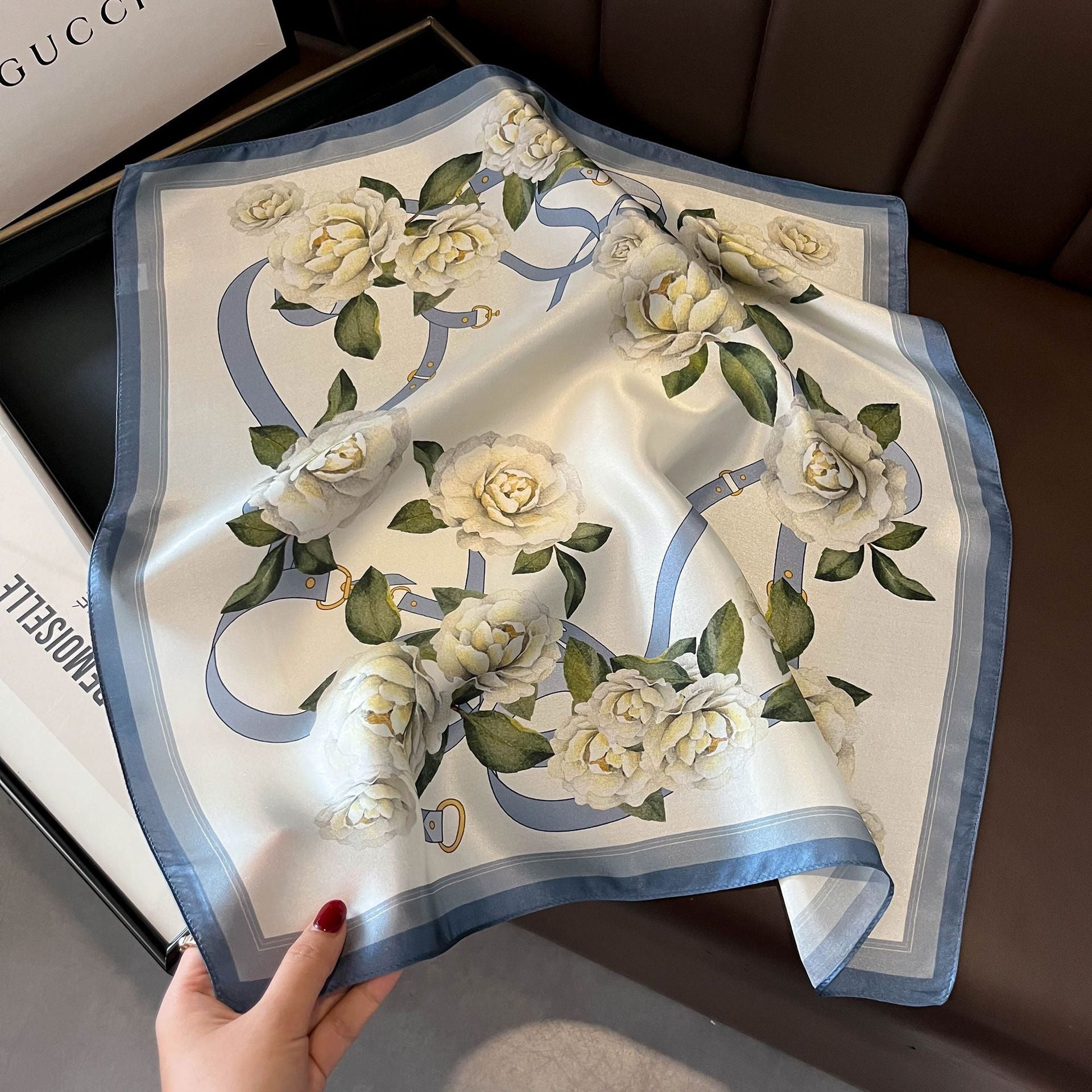 Blue Flowers Women's Floral Print Mulberry Silk Shawl, 53cm (Style 2)