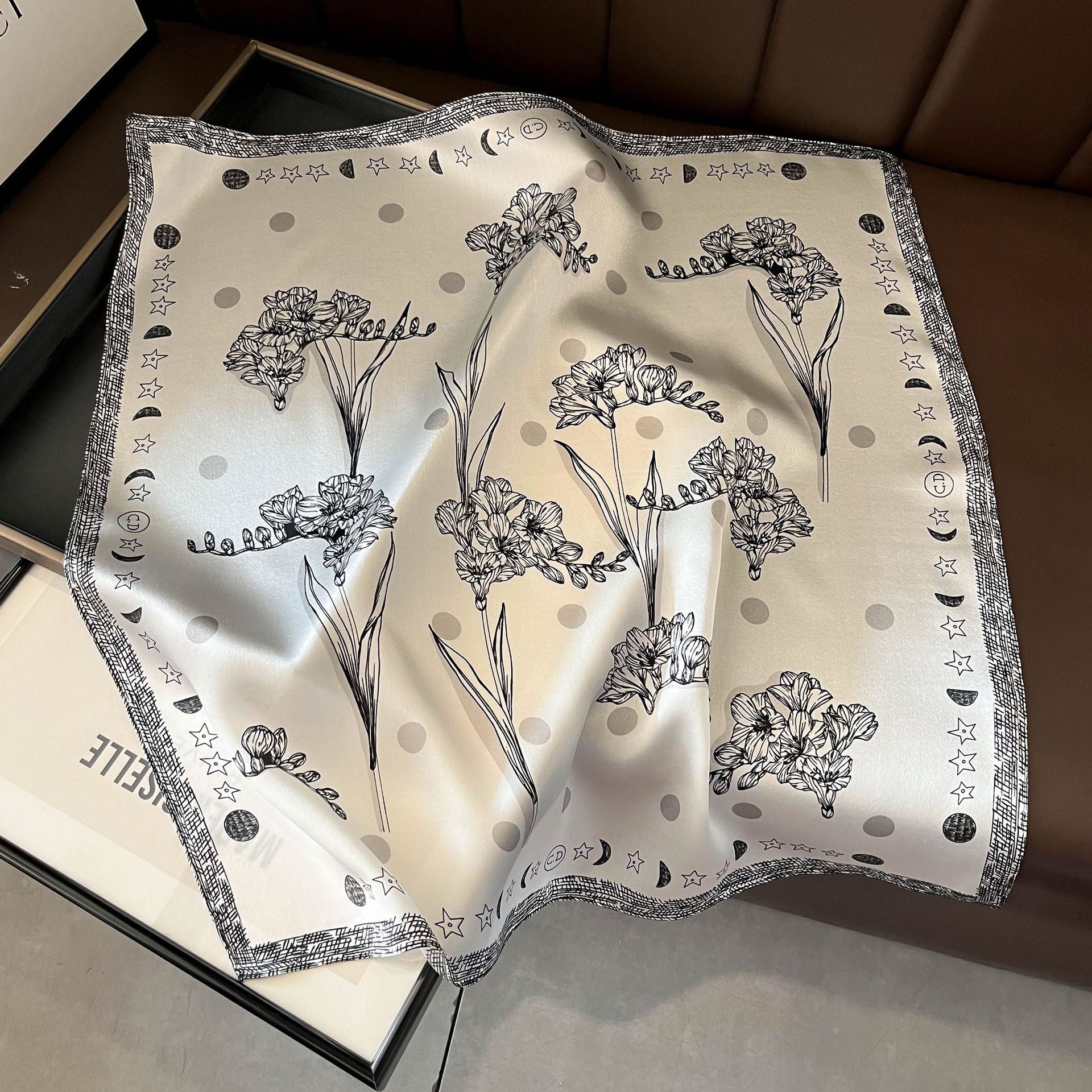 Black Flowers Women's Floral Print Mulberry Silk Shawl, 53cm (Style 3)