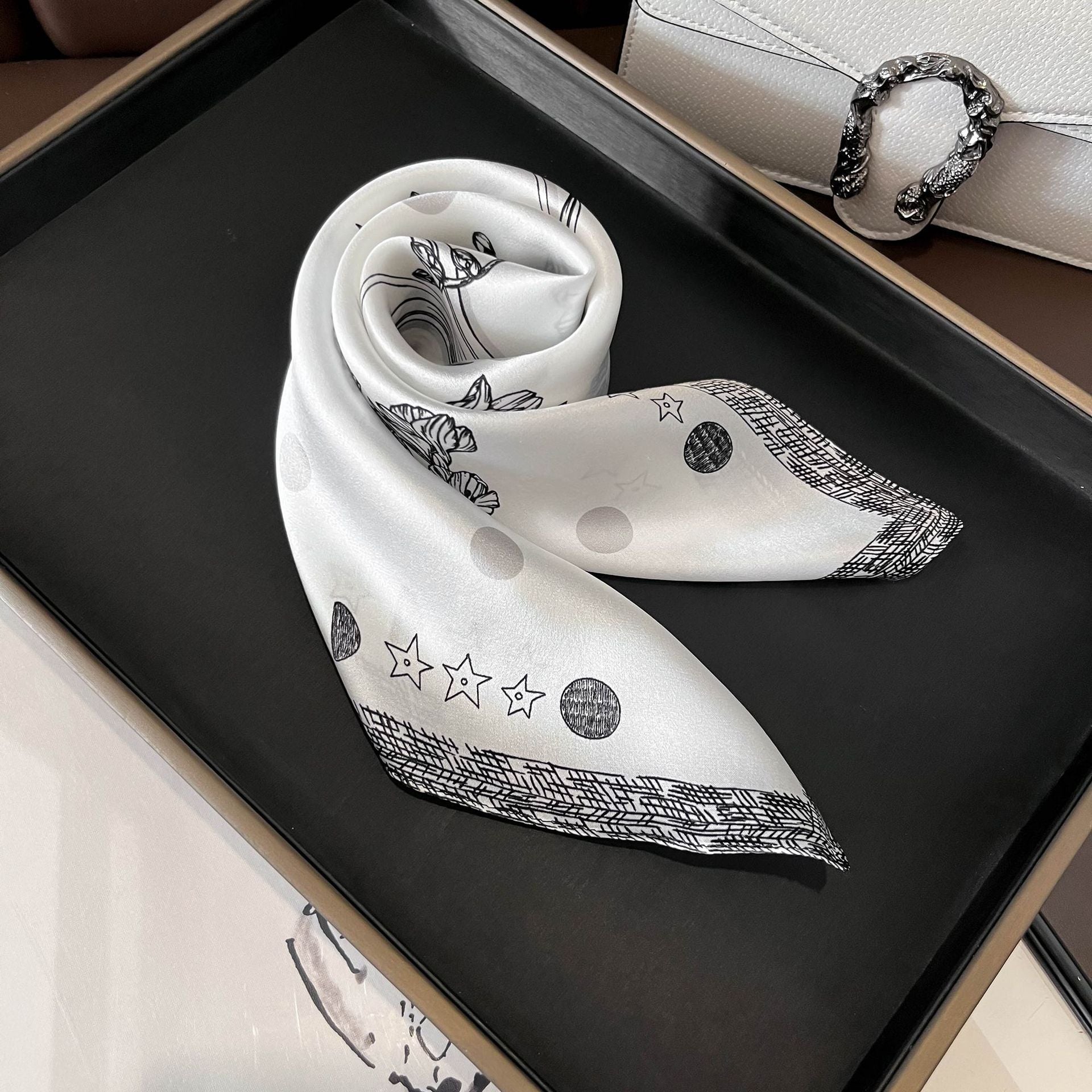 Black Flowers Women's Floral Print Mulberry Silk Shawl, 53cm (Style 3)