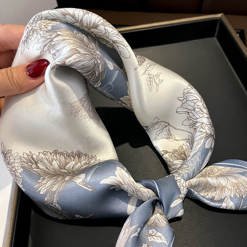 Blue chrysanthemum Women's Floral Print Mulberry Silk Shawl, 53cm (Style 4)