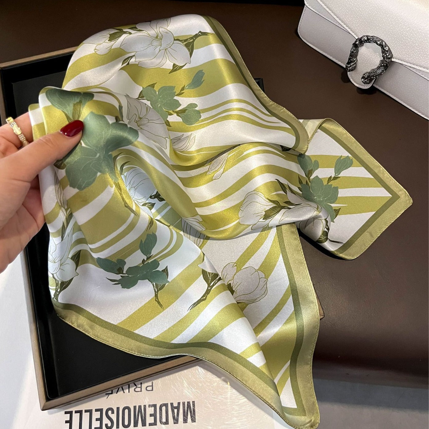 Green Flowers 53cm Silk Scarf - 100% Mulberry Silk, Floral Print, Women's Square Scarf Shawl (Style 2)